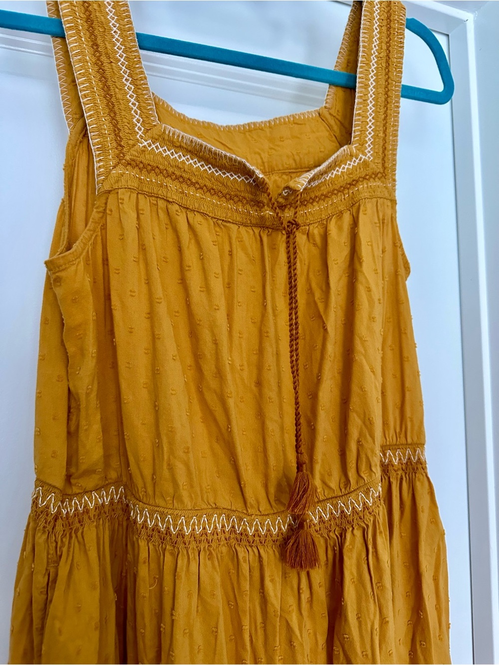 Old Navy Mustard Yellow Tiered Boho Maxi Dress With Tassels Size MTall - Picture 2 of 5